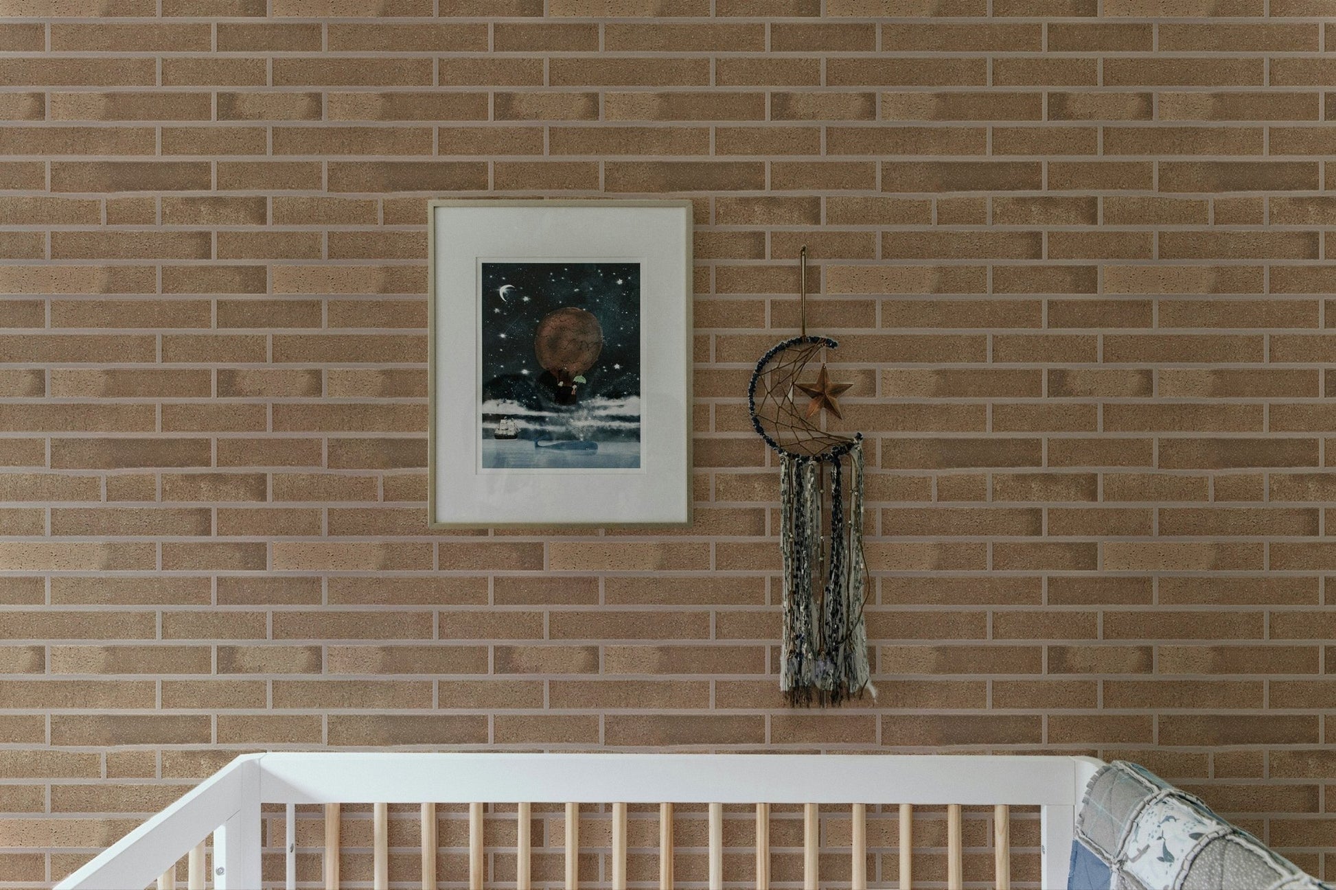Subtle beige brick pattern for adhesive wallpaper in kids room.