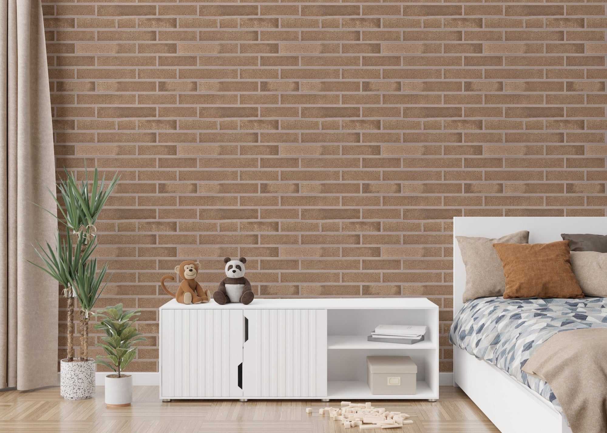 Beige brick self-adhesive wallpaper for bedroom interiors.