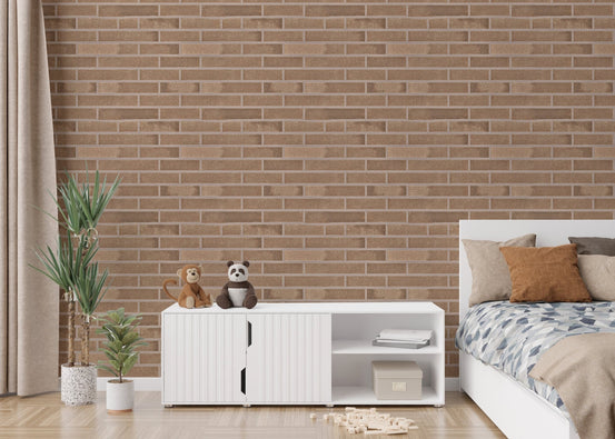 Beige brick self-adhesive wallpaper for bedroom interiors.