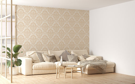 Beige Color Damask Repeat Pattern Wallpaper in a living room with a large cream sofa.