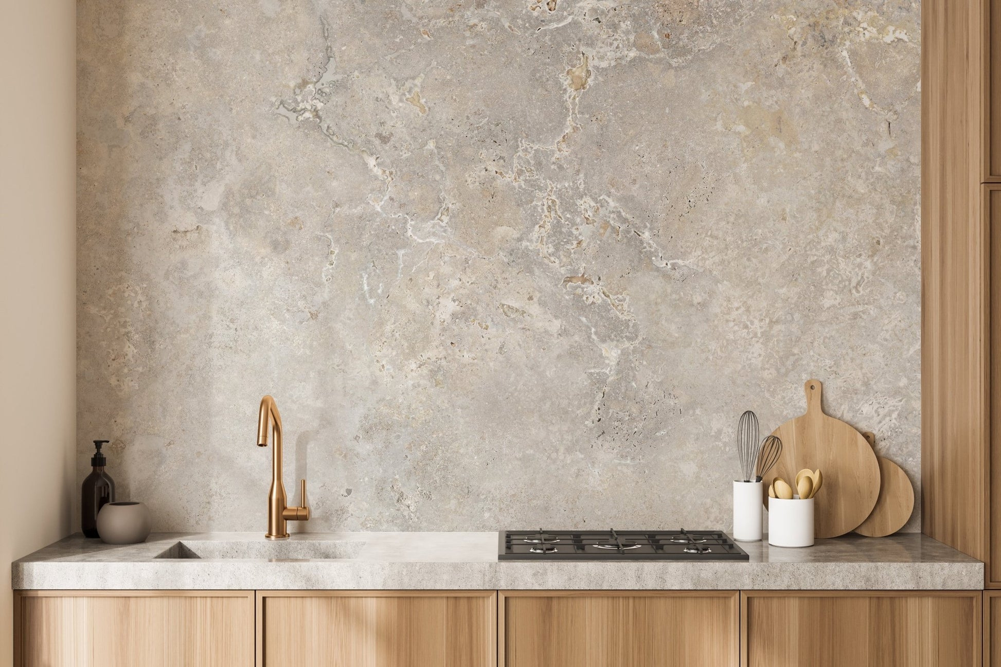 Marble effect wall mural installed behind a wooden kitchen countertop