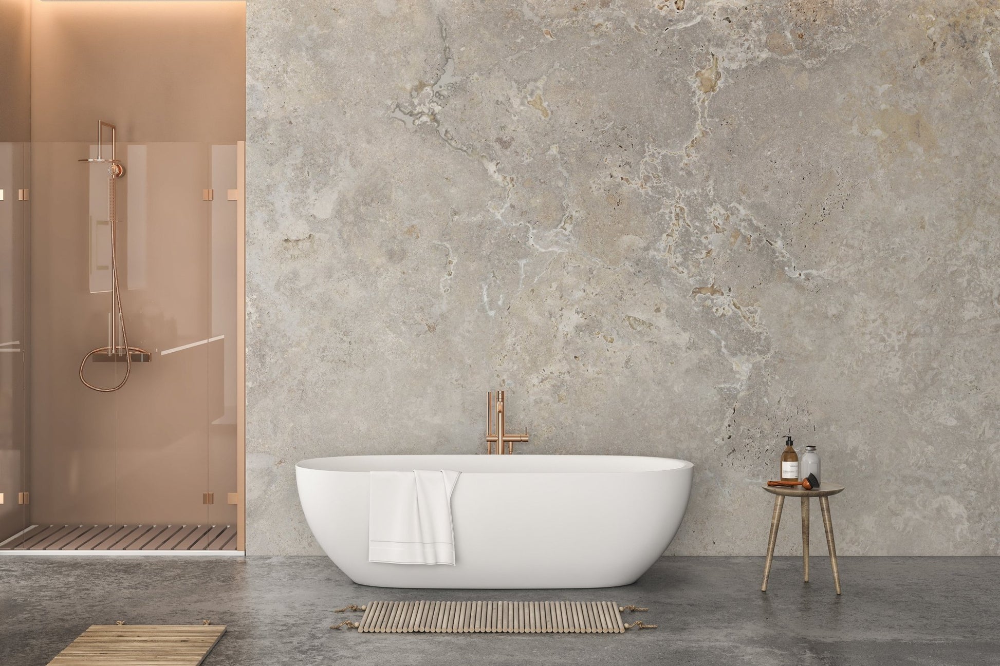 Beige marble wall mural behind a white freestanding bathtub in a modern washroom.