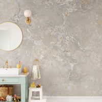 Beige Color Marble Wall Murals in a bathroom with a round mirror.