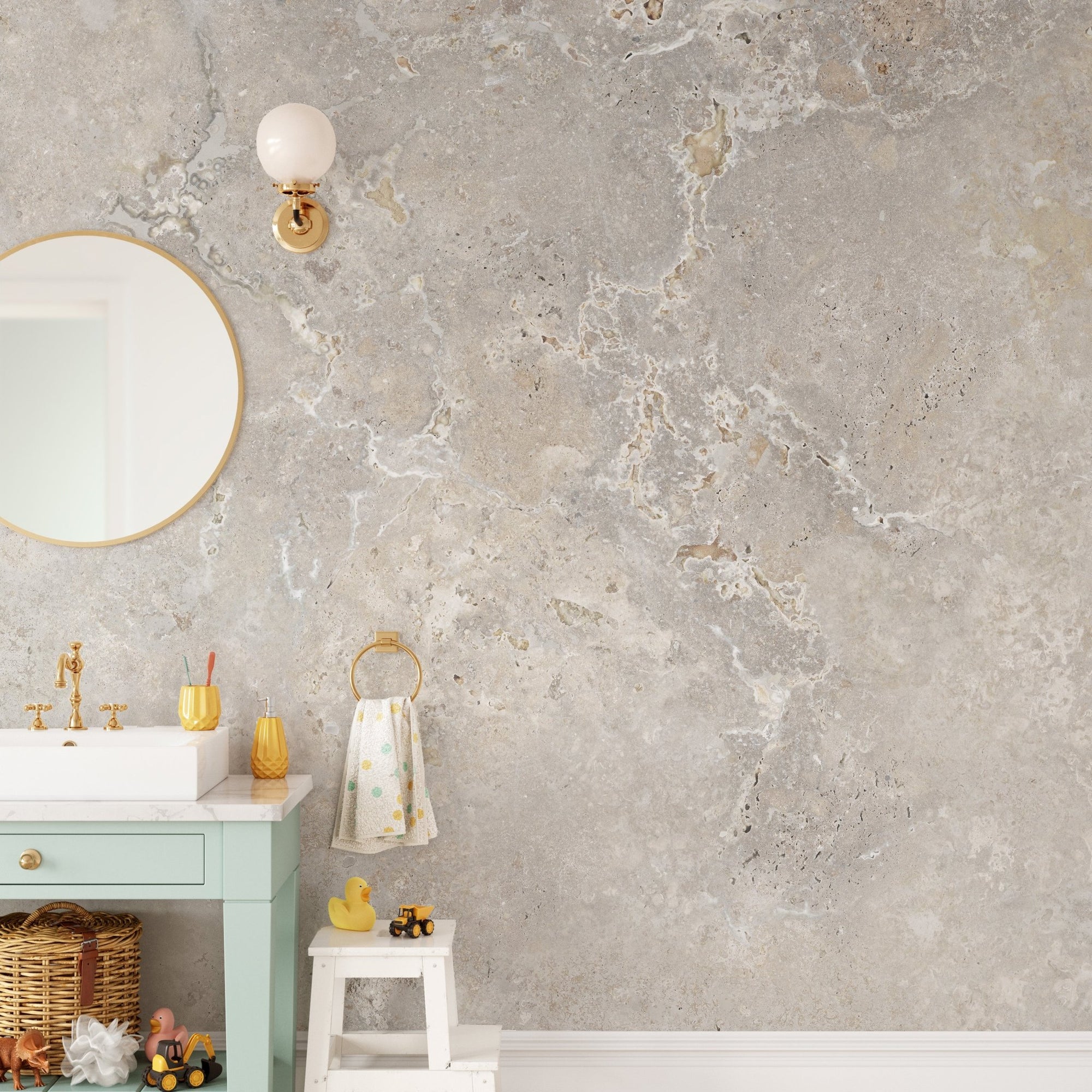 Beige Color Marble Wall Murals in a bathroom with a round mirror.