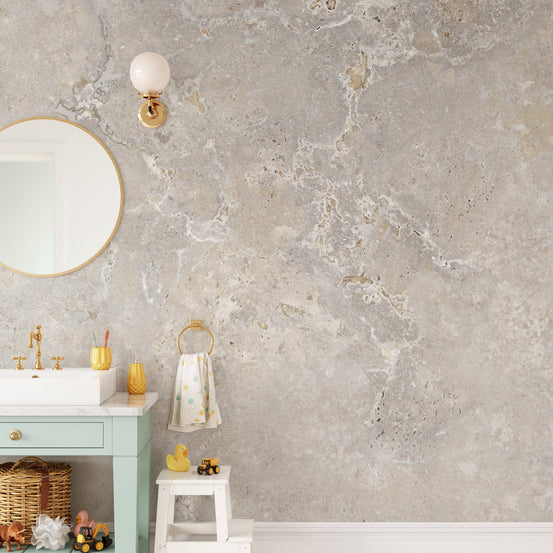 Beige Color Marble Wall Murals in a bathroom with a round mirror.