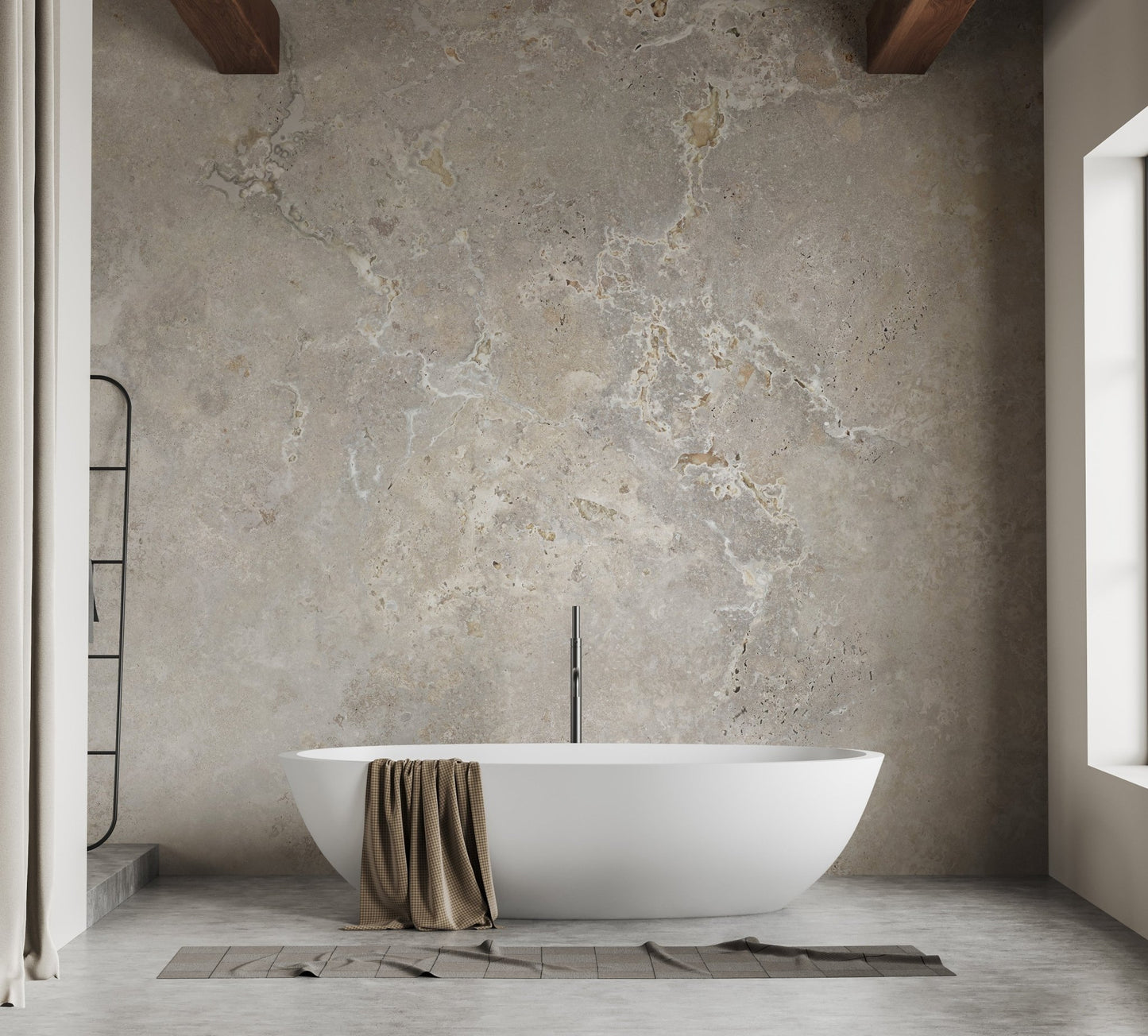 Textured grey and beige stone wall mural in a minimalist bathroom setting.