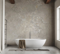 Textured grey and beige stone wall mural in a minimalist bathroom setting.
