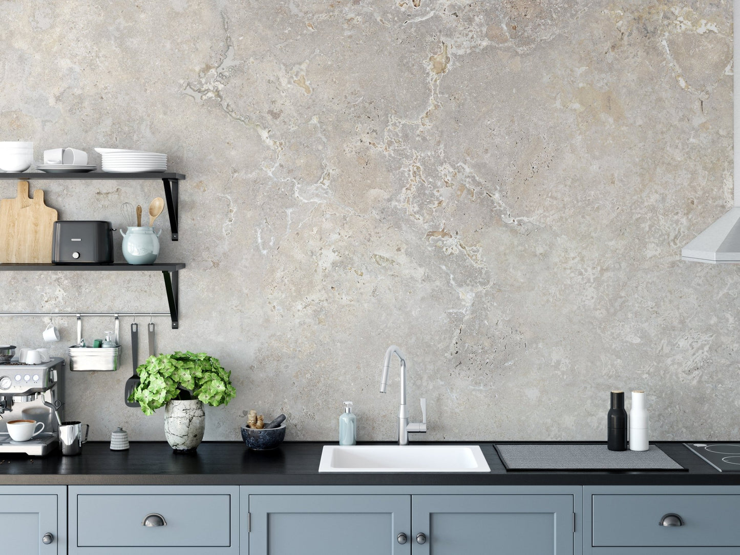 Realistic marble texture wall mural above a dark blue kitchen cabinet.