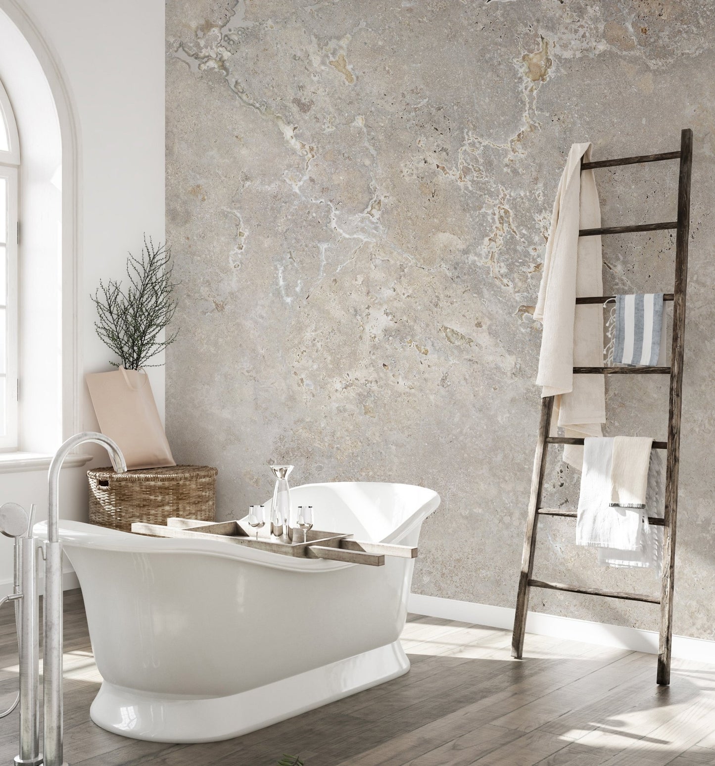 Beige Color Marble Wallpaper Wall Murals in a sunlit bathroom with a ladder rack