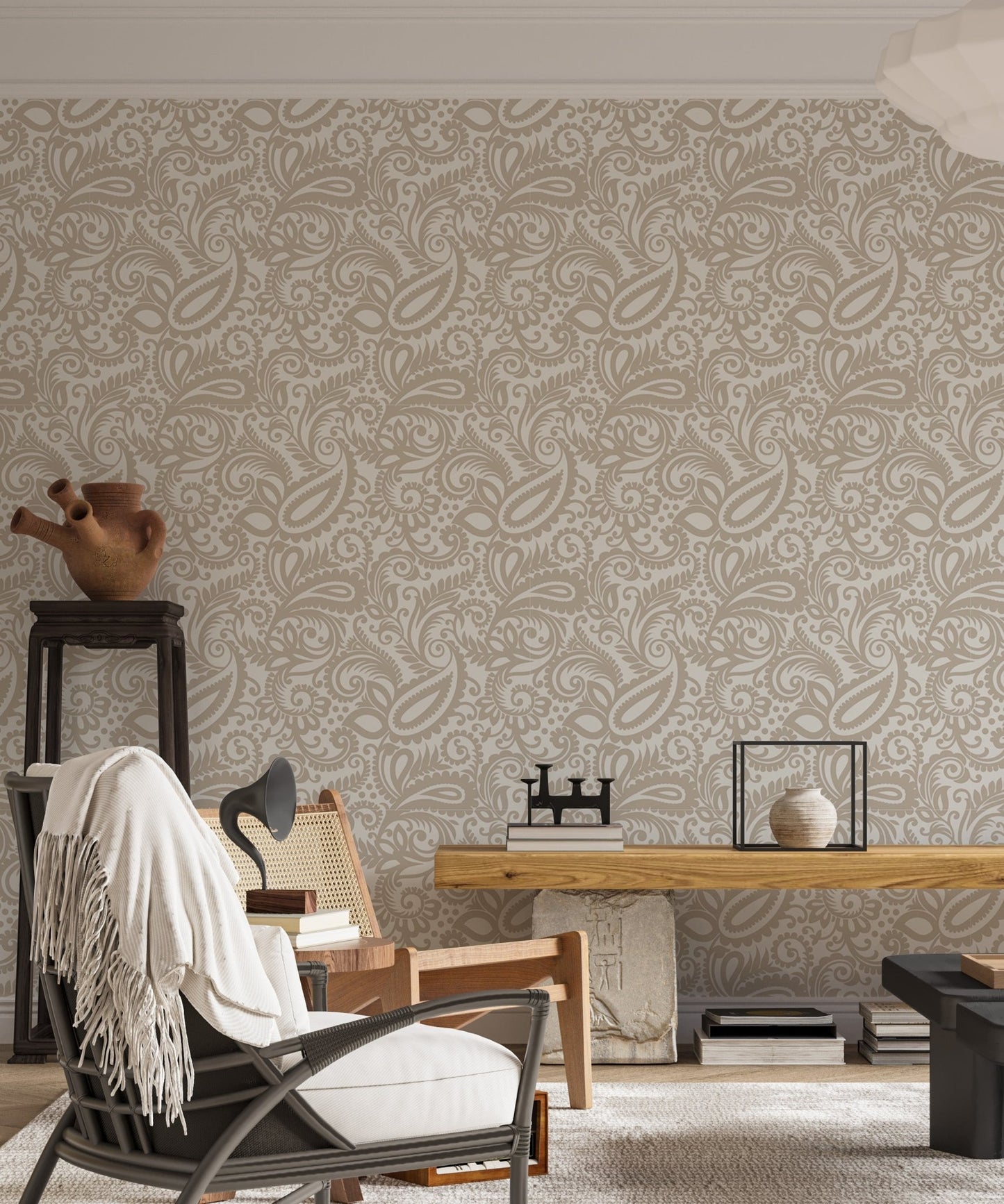 Beige color middle eastern paisleys swirled leaves wallpaper in a lounge area.