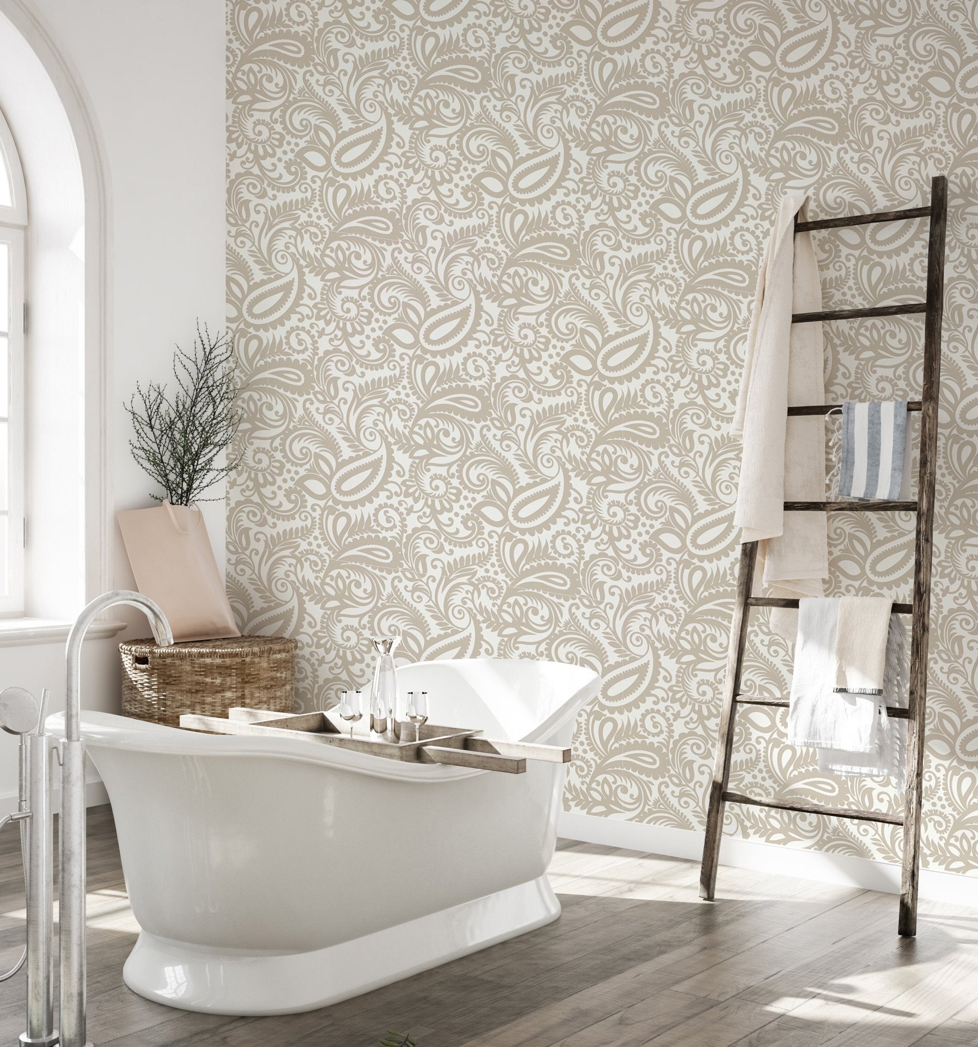 Bathroom interior featuring a standalone tub and paisley pattern wallpaper.
