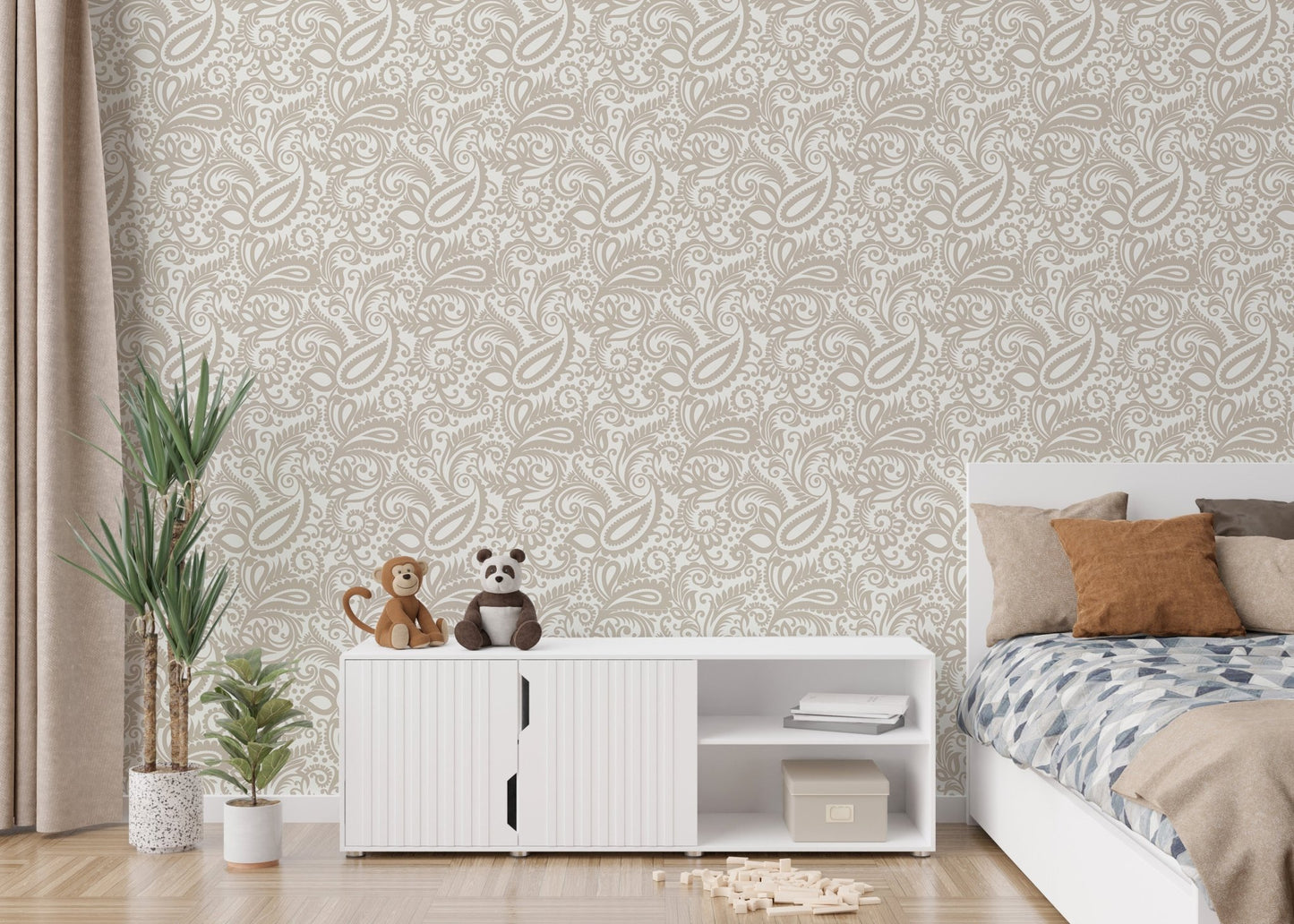 Neutral tone paisley wallpaper in a modern bedroom with white furniture.