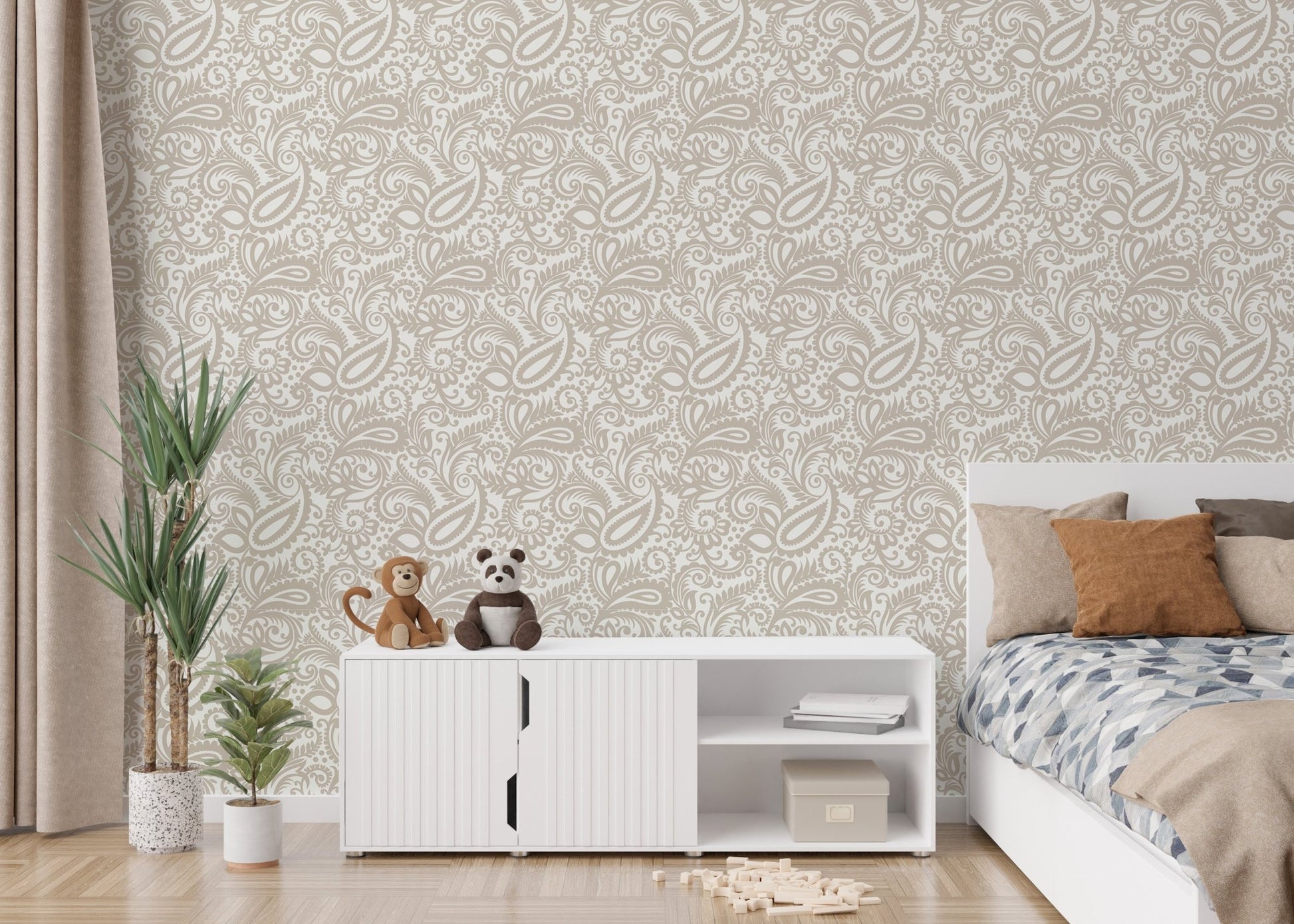 Neutral tone paisley wallpaper in a modern bedroom with white furniture.