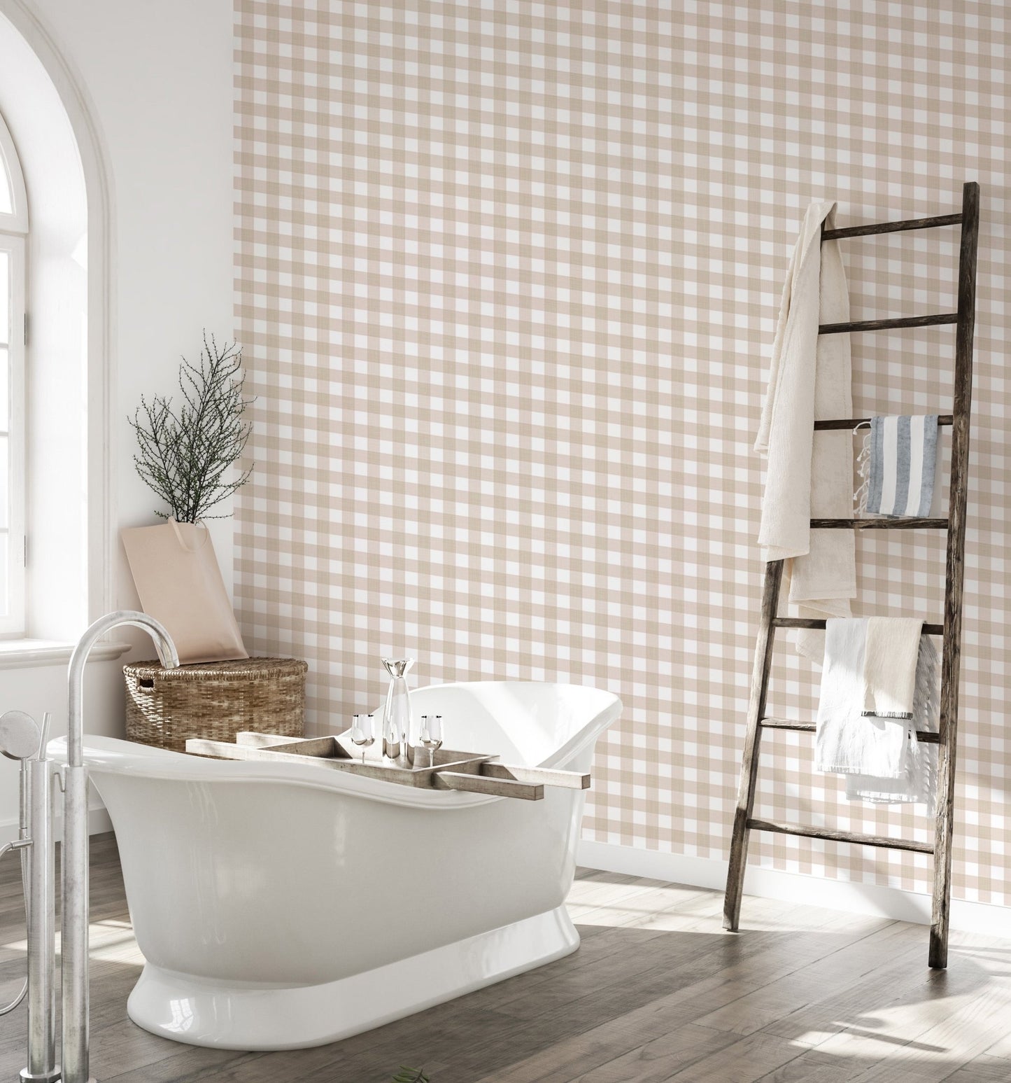 Bathroom with a freestanding tub and beige color scozzese shabby stripe wallpaper.