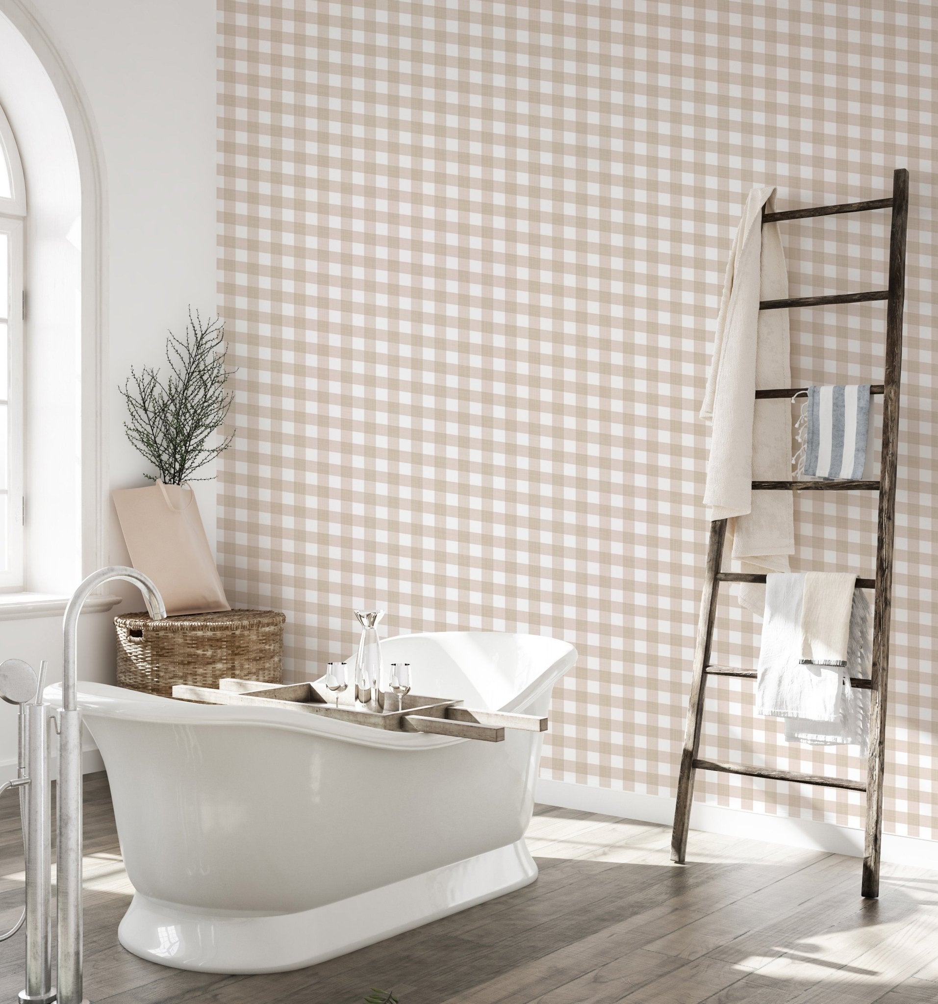 Bathroom with a freestanding tub and beige color scozzese shabby stripe wallpaper.