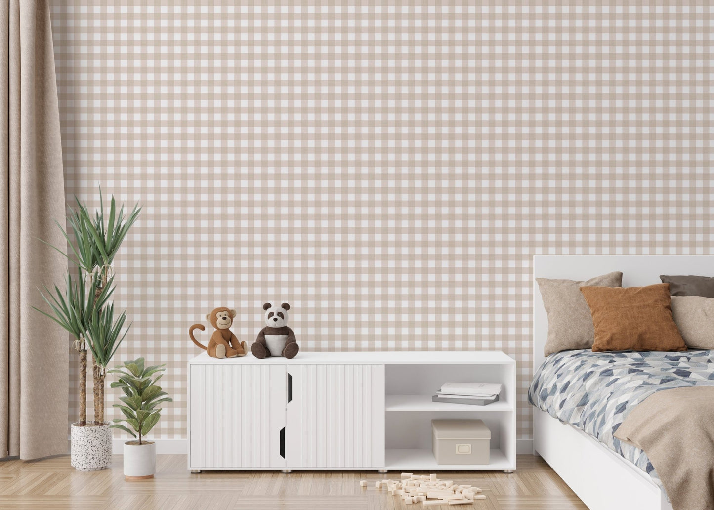 Kids bedroom with white storage cabinets and beige checkered stripe wallpaper.