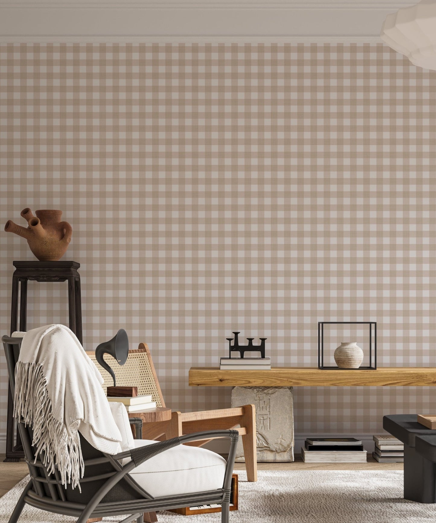 Living area with a wooden bench and beige color scozzese shabby stripe wallpaper.