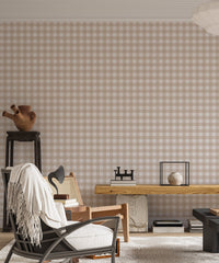 Living area with a wooden bench and beige color scozzese shabby stripe wallpaper.