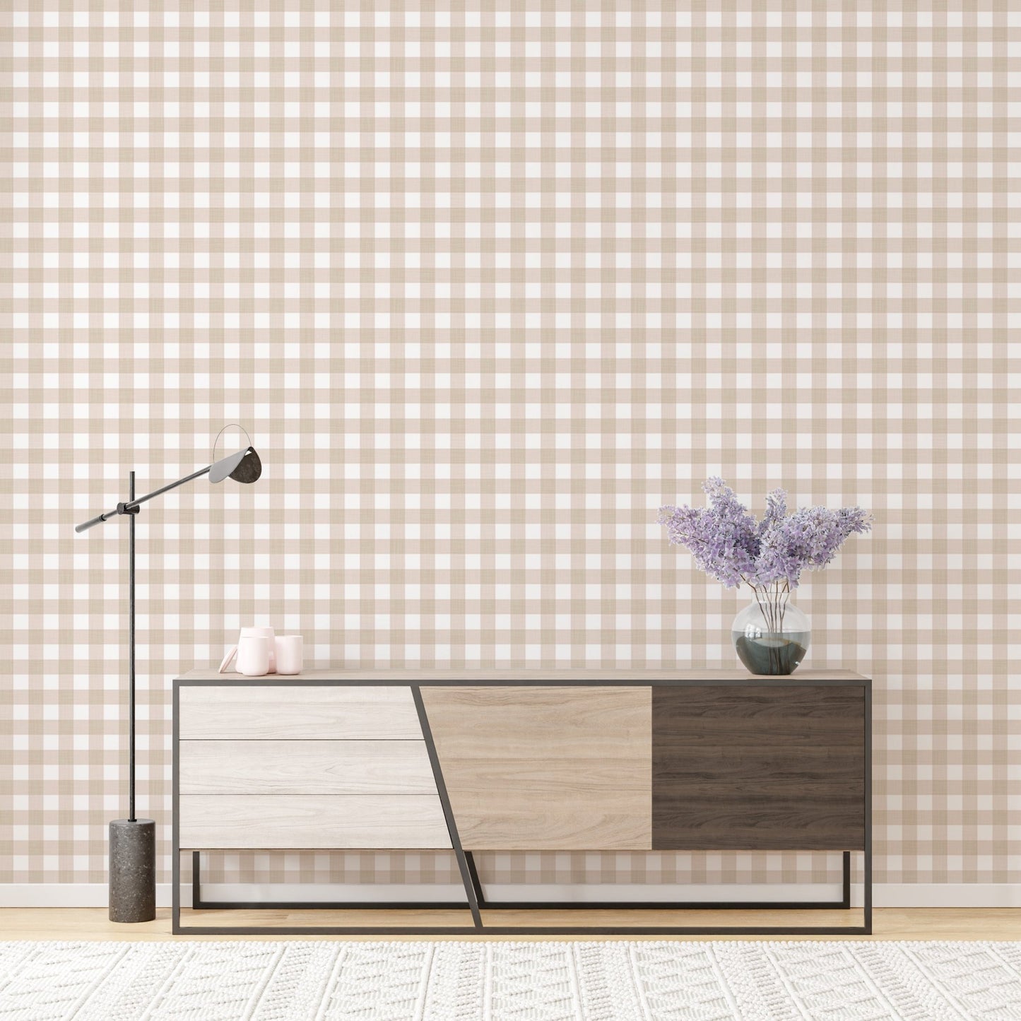 Modern sideboard against a beige color scozzese shabby stripe wallpaper backdrop.