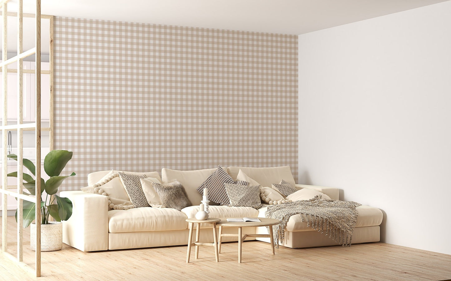 Large lounge with a neutral sofa and beige color scozzese shabby stripe wallpaper.