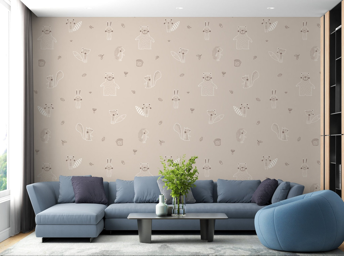 Matte finish forest theme wallpaper with hedgehog art o living space wall.