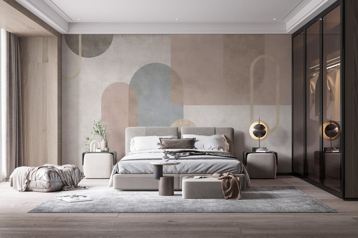 Beige geometric wall mural with abstract overlapping arches and circles.