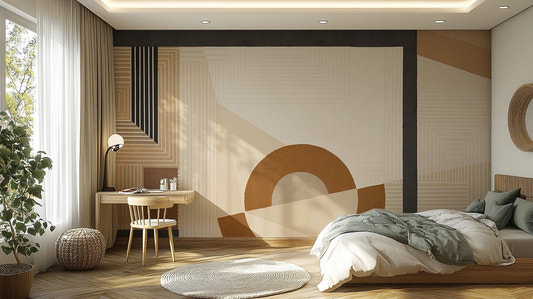 Geometric wallpaper featuring sand colored circles and charcoal lines.
