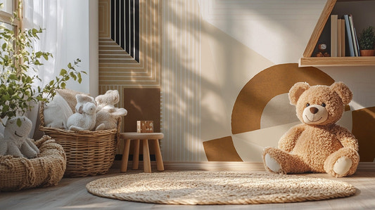 Beige geometric wall mural with linear patterns and earth tones.