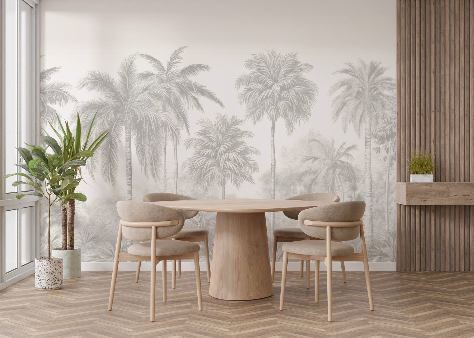 Minimalist tropical landscape wallpaper with beige palm trees.