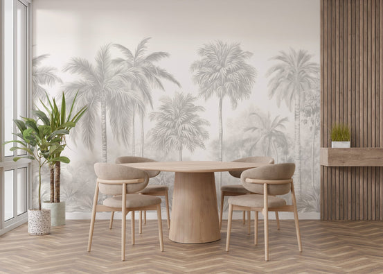 Minimalist tropical landscape wallpaper with beige palm trees.