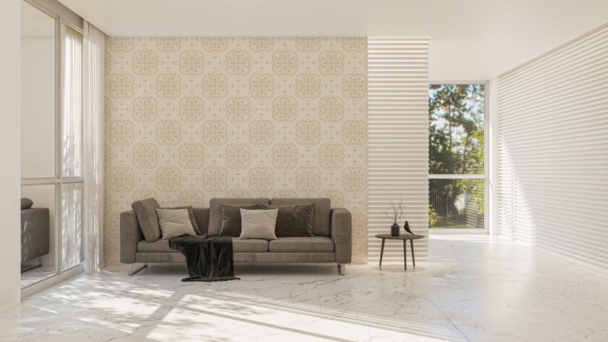 Beige Repeat Pattern Damask Peel and Stick Wallpaper in a spacious open-plan lounge.