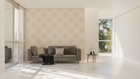Beige Repeat Pattern Damask Peel and Stick Wallpaper in a spacious open-plan lounge.