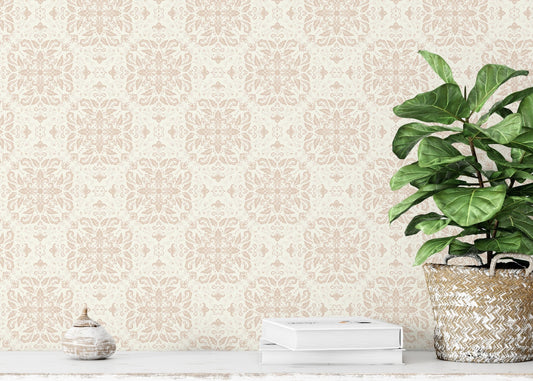 Beige Repeat Pattern Damask Peel and Stick Wallpaper on a room wall near a green plant.