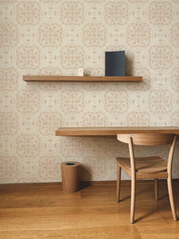 Beige Repeat Pattern Damask Peel and Stick Wallpaper behind a study desk and chair.