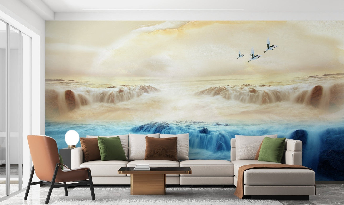 Scenic nature wall mural with cranes flying above cascading water for home office.