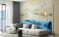 Natural waterfall landscape wallpaper with warm beige sky colors for living room.
