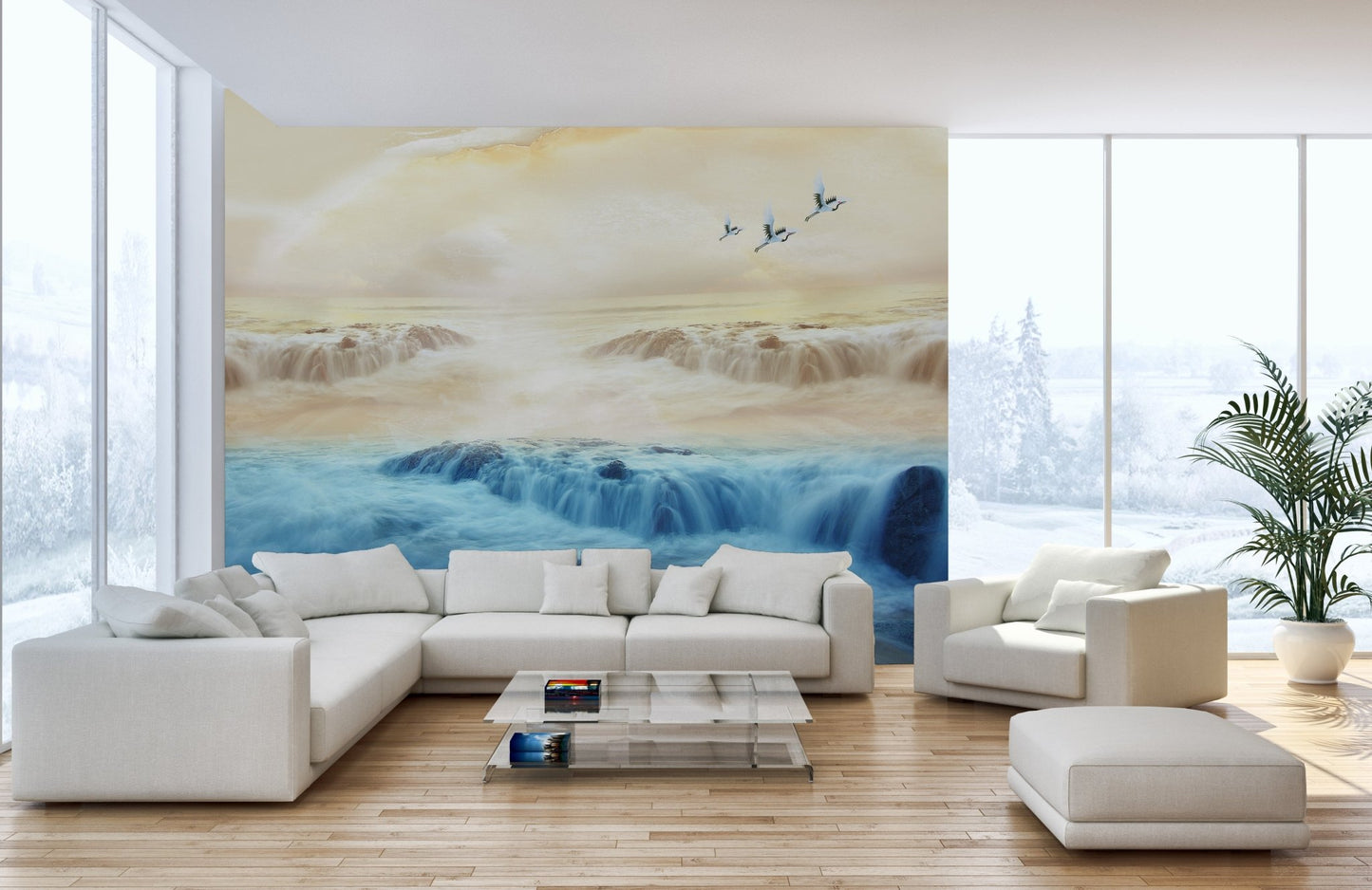 Calm waterfall landscape wall mural with cranes and warm beige sky tones for living space.