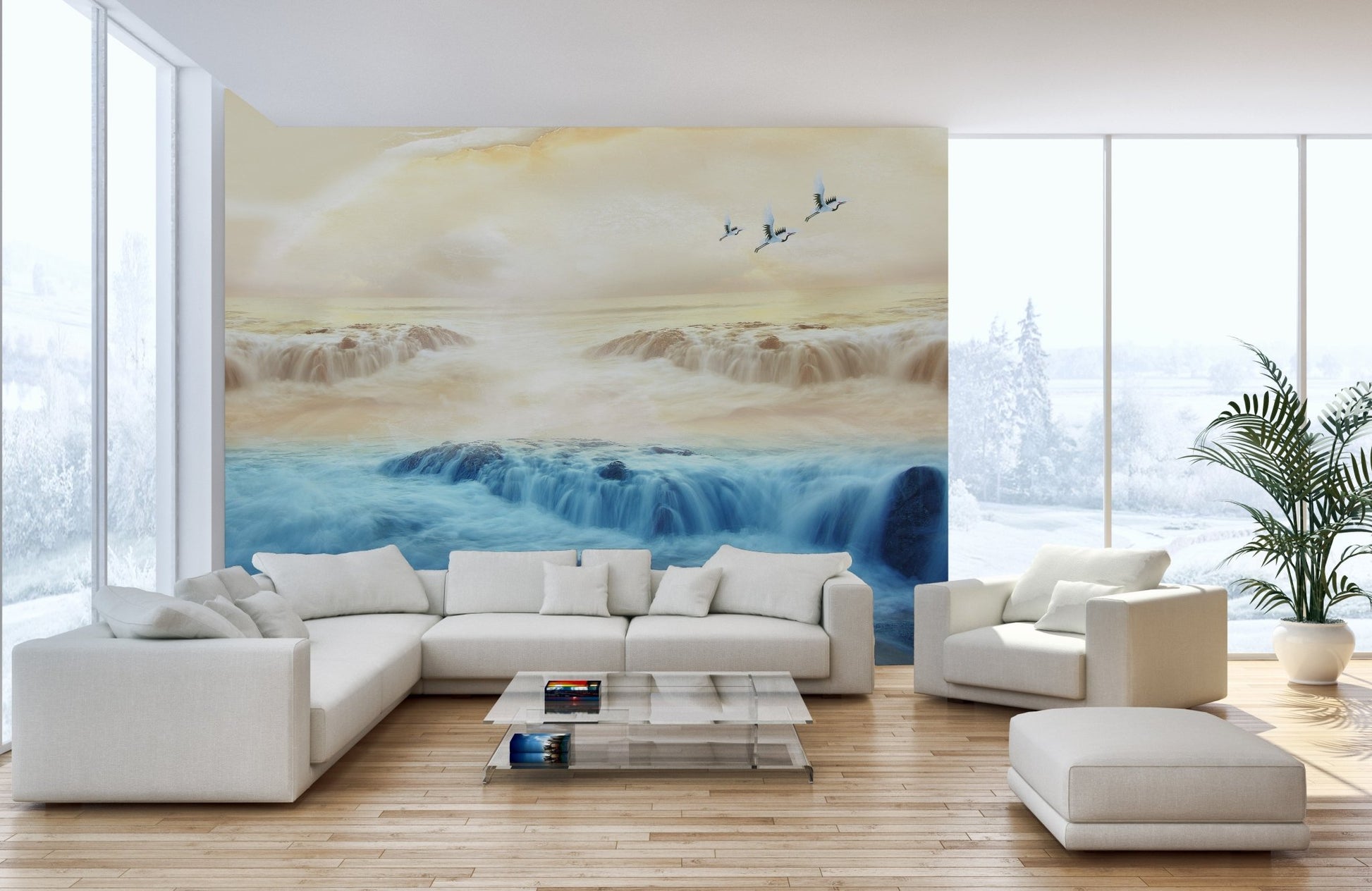 Calm waterfall landscape wall mural with cranes and warm beige sky tones for living space.