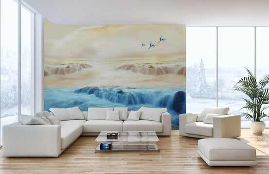 Calm waterfall landscape wall mural with cranes and warm beige sky tones for living space.
