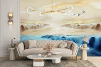 Serene nature scenery wall mural with cranes and flowing waterfall view on living room.