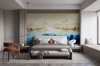 Artistic waterfall scenery wall mural with beige sky and crane flight for bedroom interior.