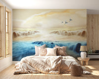 Serenity mountain and crane wallpaper mural for bedroom walls.
