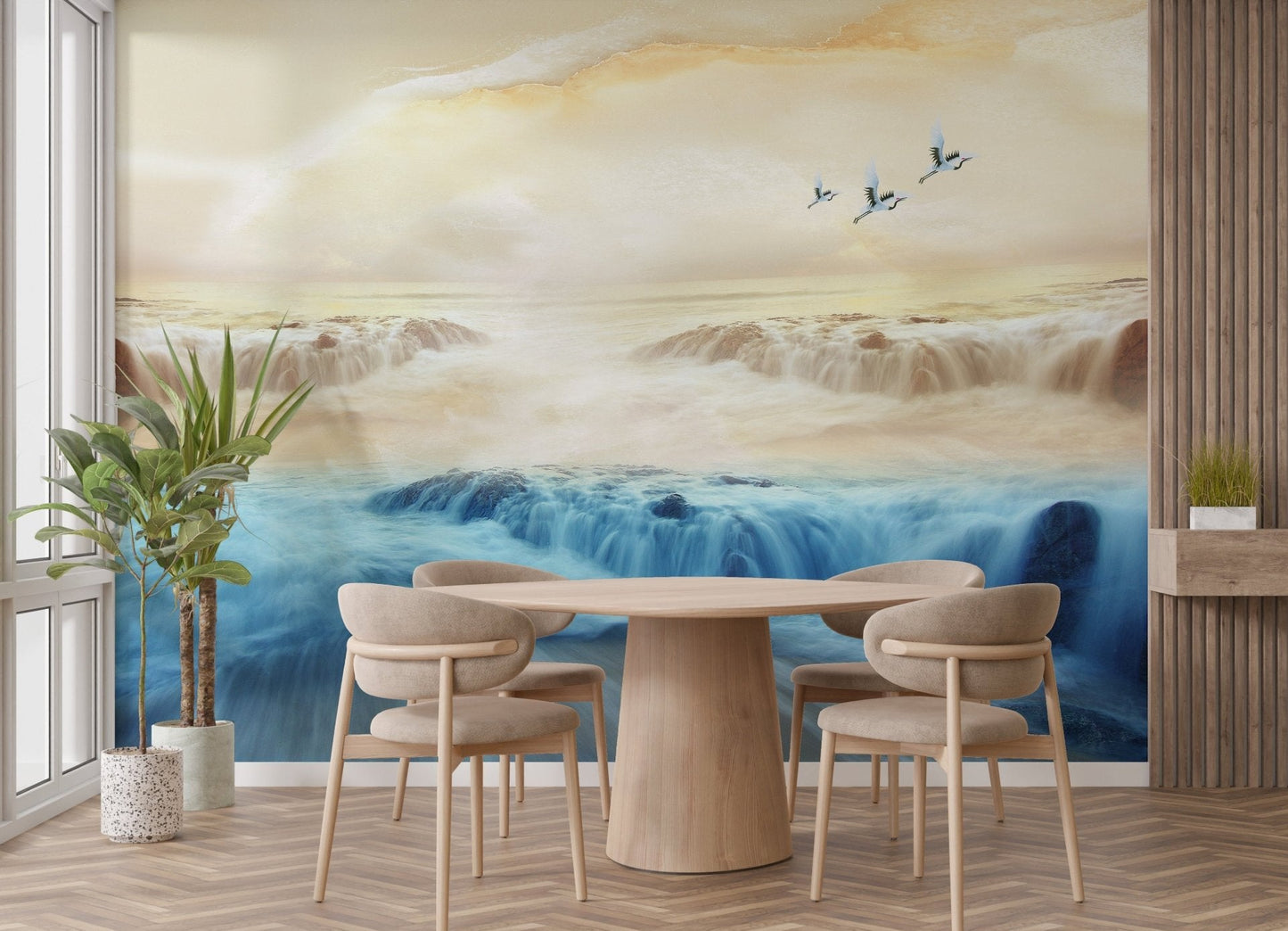 Beige sky serenity mountain and crane mural with layered waterfall view on dining room wall.