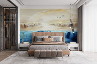 Beige mountain and crane wall mural with misty water flow scene on bedroom backdrop.