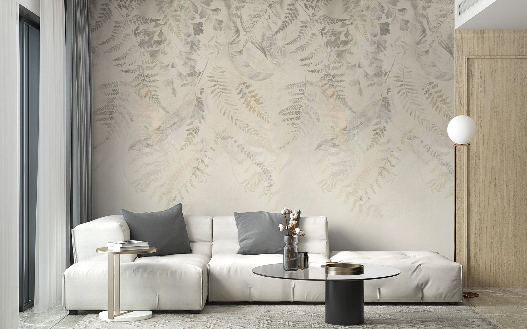 Beige tropical leaf wallpaper with soft watercolor fern patterns.