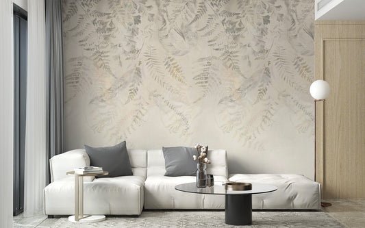 Beige tropical leaf wallpaper with soft watercolor fern patterns.