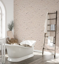 Beige Venetian Quartz Stone Terrazzo Tiles Wallpaper in bathroom with white tub.
