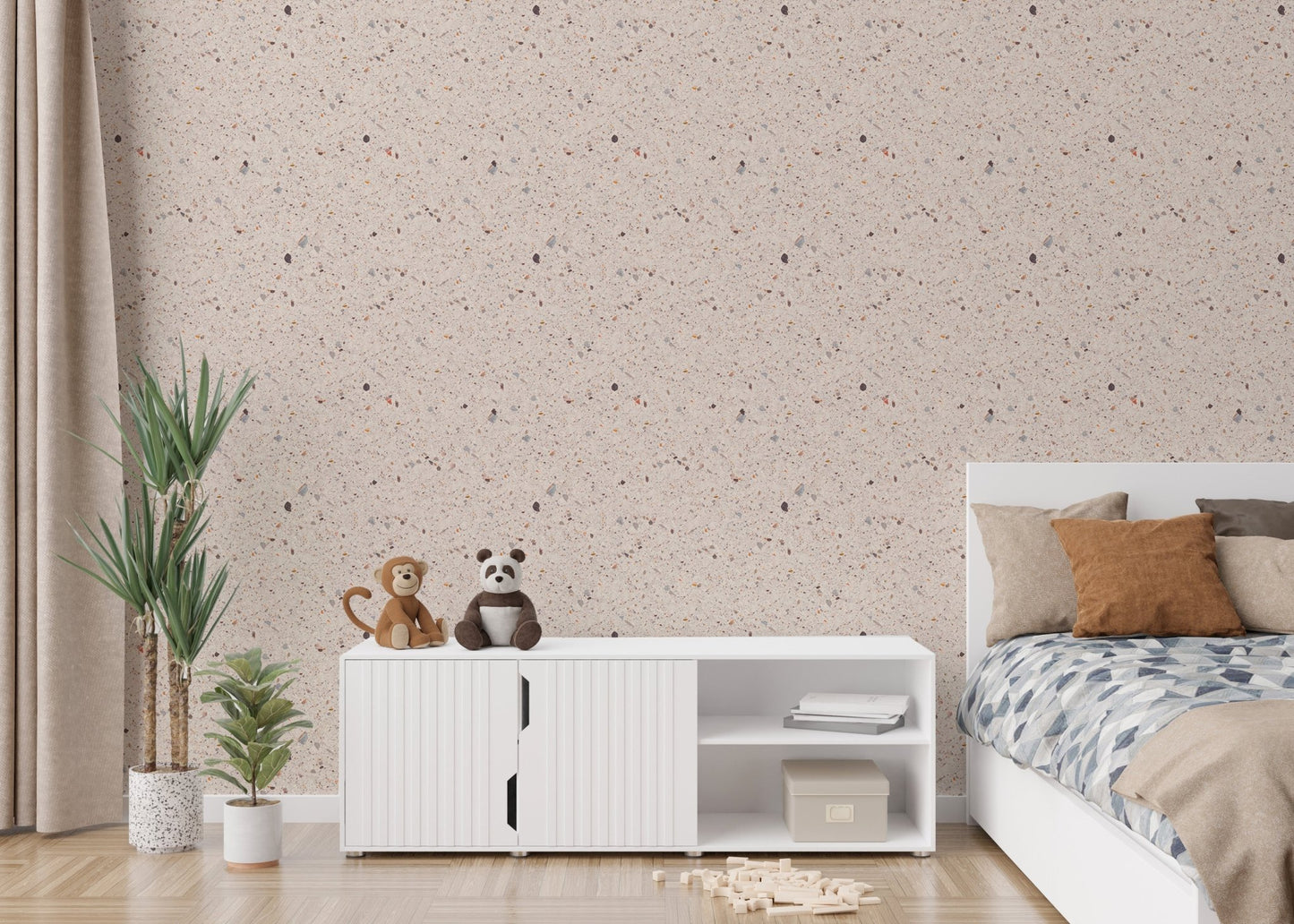 Neutral stone pattern wallpaper for bedroom behind white storage unit.