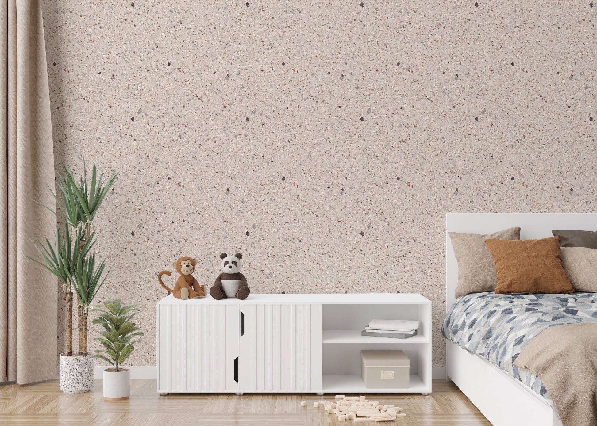 Neutral stone pattern wallpaper for bedroom behind white storage unit.