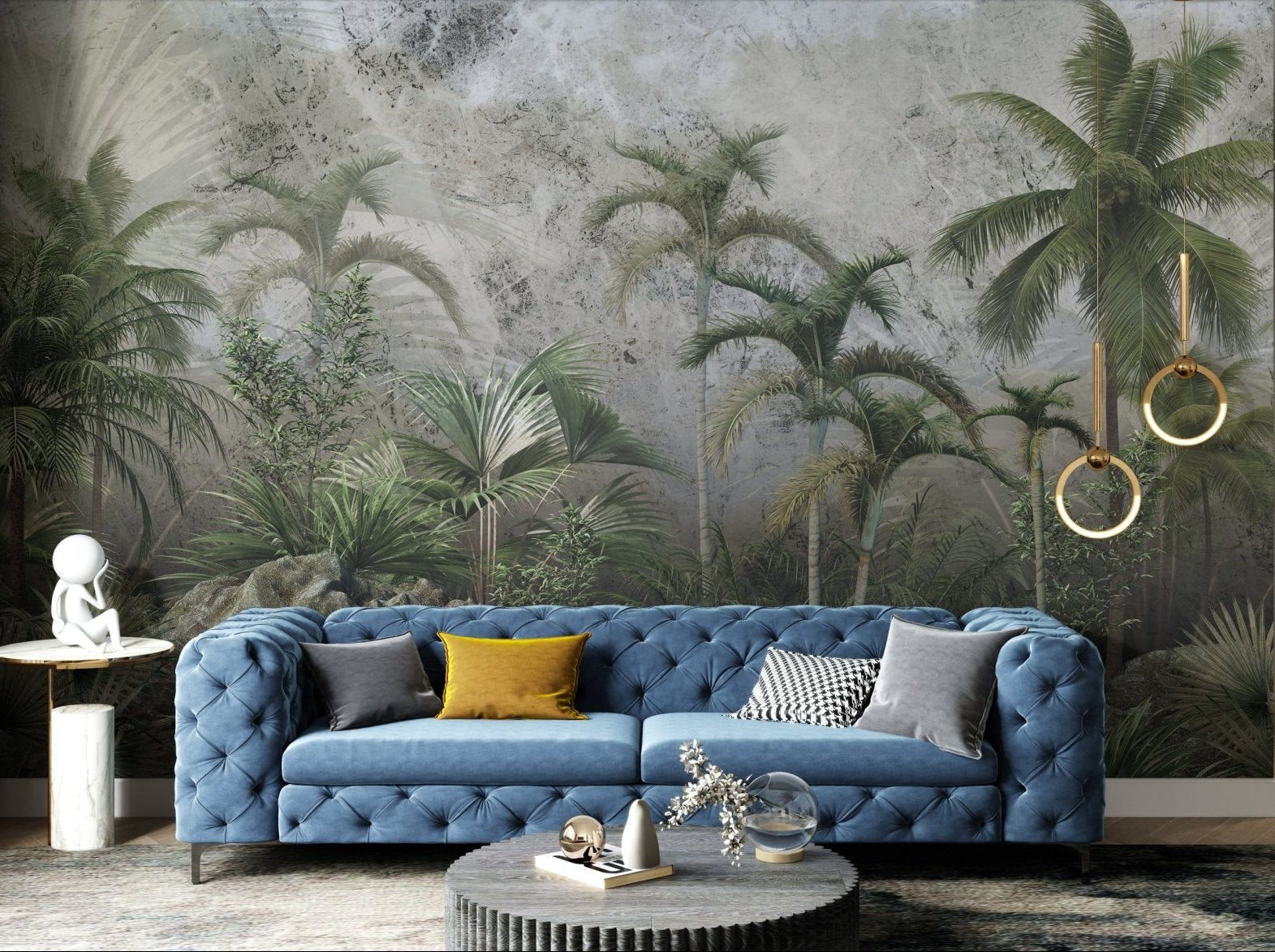 Muted green and grey forest wall mural for an hallway interior.